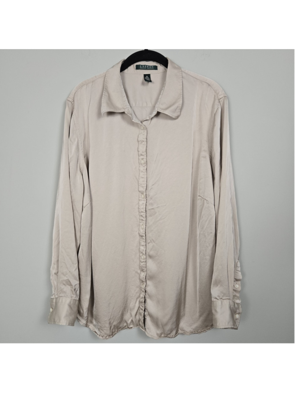Lauren Ralph Lauren Womens Satin Button Up Top Size 2X Beige Old Money Career
